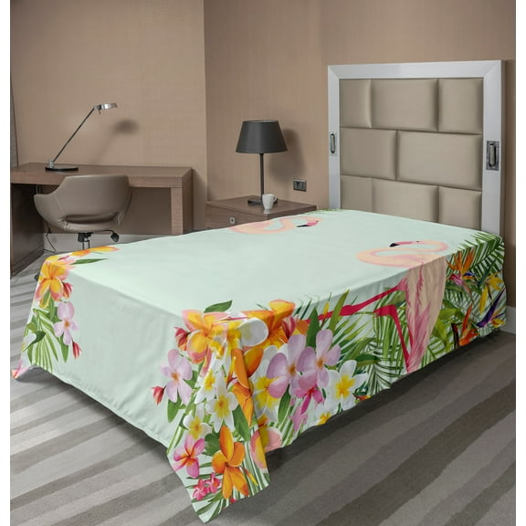 Ambesonne Flamingo Flat Sheet, Tropic Flowers Animals, Twin Size, Pale Blue Orange