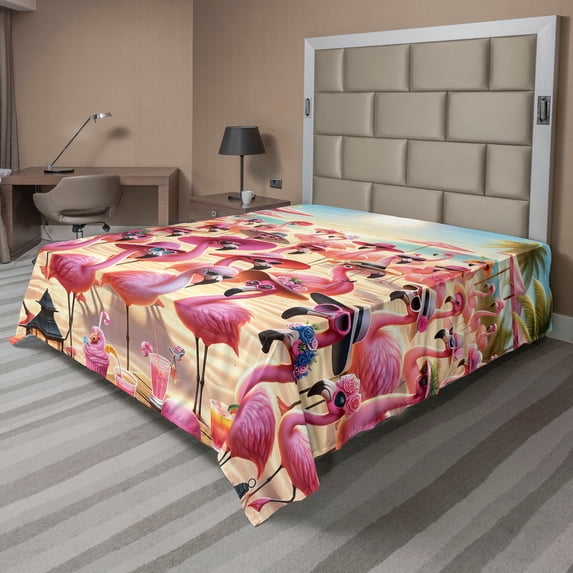 Ambesonne Flamingo Flat Sheet, Tropical Birds Funny Beach, King Size, Pink Beige and Pale Sky Blue