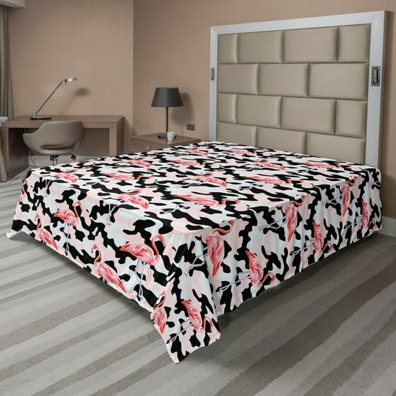Ambesonne Flamingo Flat Sheet, Watercolor Nature Camo, Full Size, Dark Coral Pale Pink