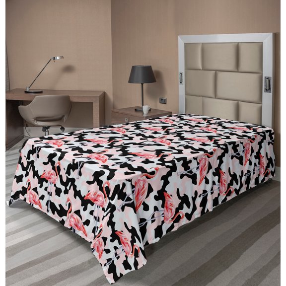 Ambesonne Flamingo Flat Sheet, Watercolor Nature Camo, Twin Size, Dark Coral Pale Pink