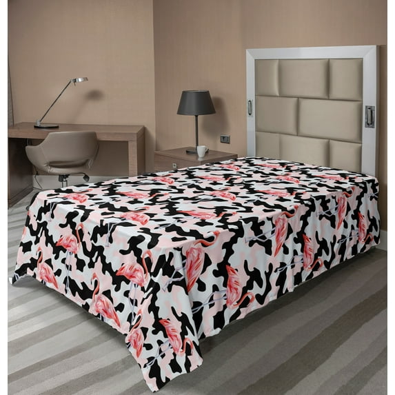 Ambesonne Flamingo Flat Sheet, Watercolor Nature Camo, TwinXL Size, Dark Coral Pale Pink