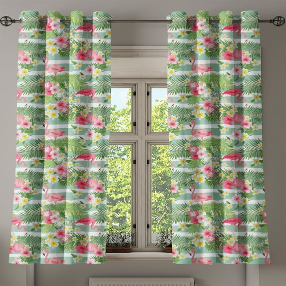 Ambesonne Flamingo Grommet Curtain, Exotic Hawaiian Leaf, 50" x 63", Green Pink White