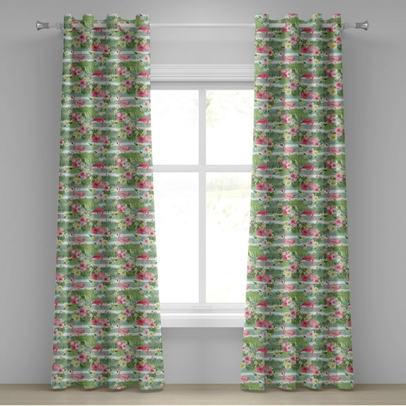 Ambesonne Flamingo Grommet Curtain, Exotic Hawaiian Leaf, 50" x 72", Green Pink White