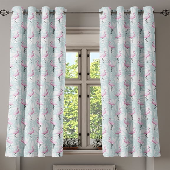 Ambesonne Flamingo Grommet Curtain, Palm Trees Pink Birds, 50" x 54", Mint Green Pale Pink