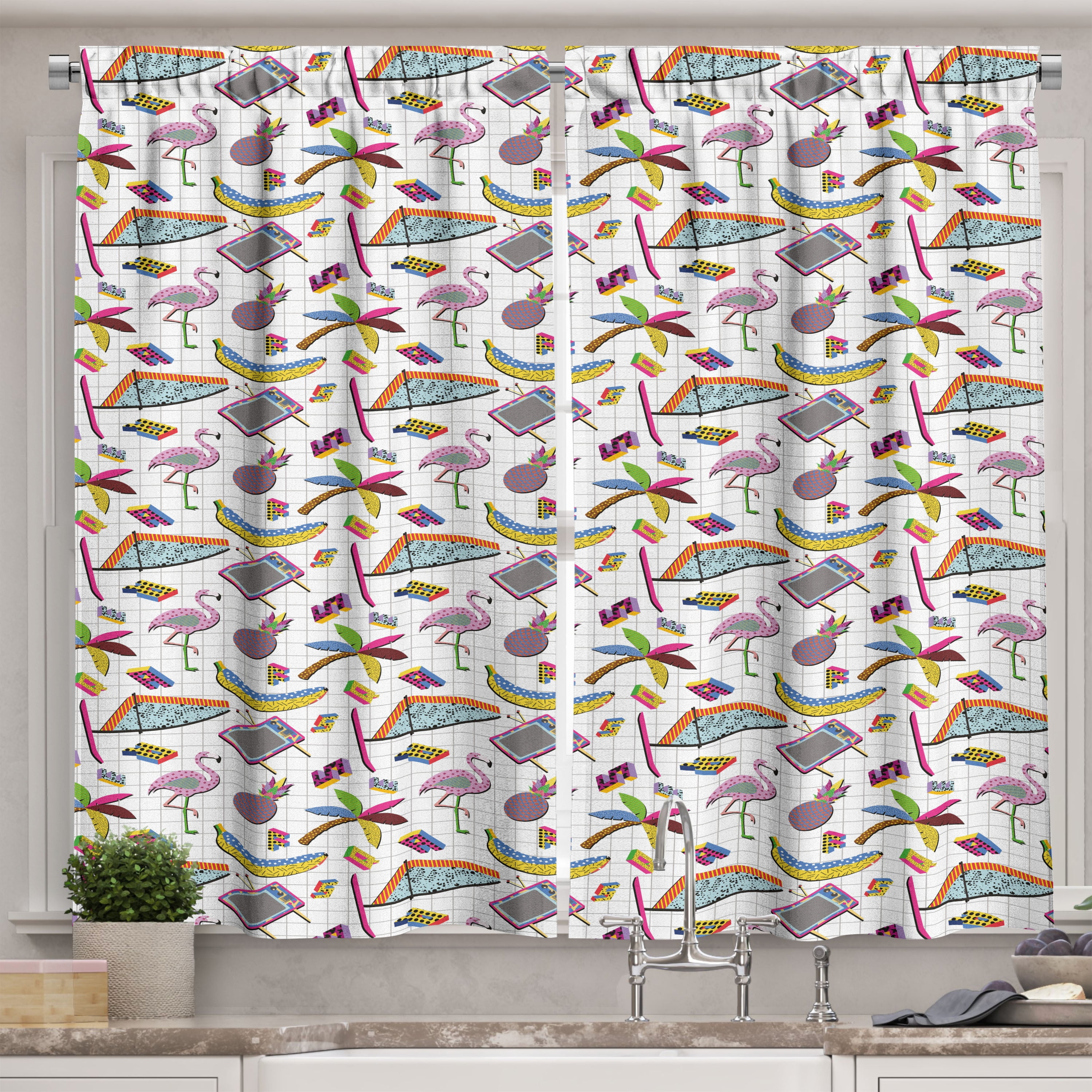 Ambesonne Flamingo Kitchen Curtains, 80s Memphis Colorful, 55"x39