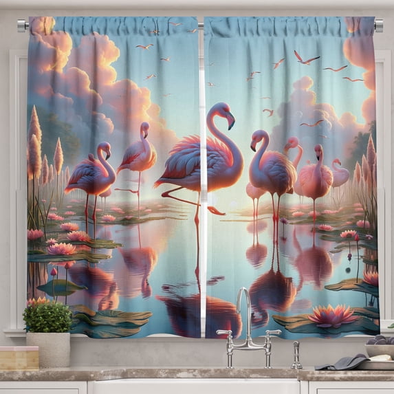 Ambesonne Flamingo Kitchen Curtains, Blush Atmosphere Birds, 55"x24", Pale Pink Soft Blue