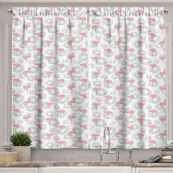 Ambesonne Flamingo Kitchen Curtains, Donuts Hawaii Animals, 55"x39", Pink Mint Green Beige