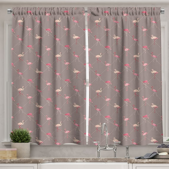 Ambesonne Flamingo Kitchen Curtains, Exotic Birds Checkered, 55"x39", Warm Taupe Peach Pink