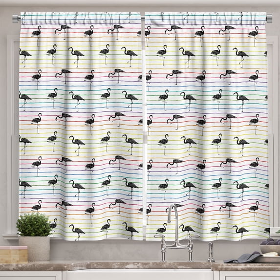 Ambesonne Flamingo Kitchen Curtains, Exotic Birds Rainbow Lines, 55"x45", Multicolor