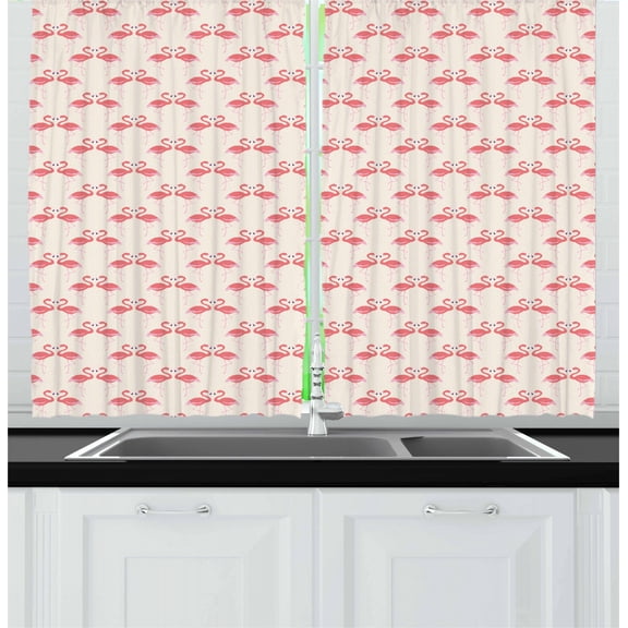 Ambesonne Flamingo Kitchen Curtains, Retro Dots Tropic Bird, 55"x39", Beige Dark Coral Purple