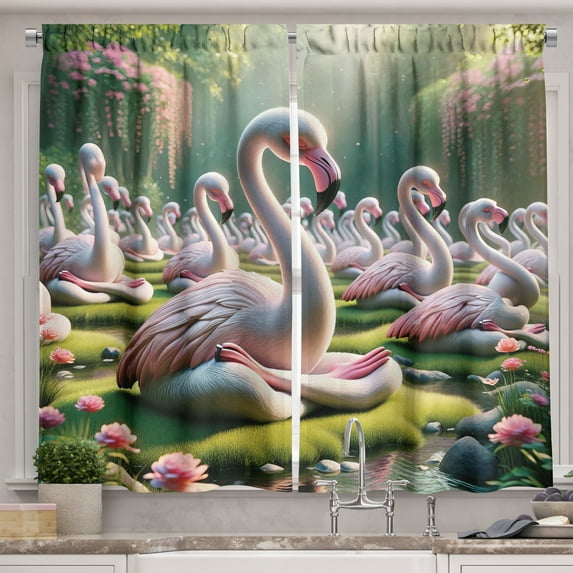 Ambesonne Flamingo Kitchen Curtains, Serene Birds Nature Scene, 55"x36", Soft Pink and Lime Green