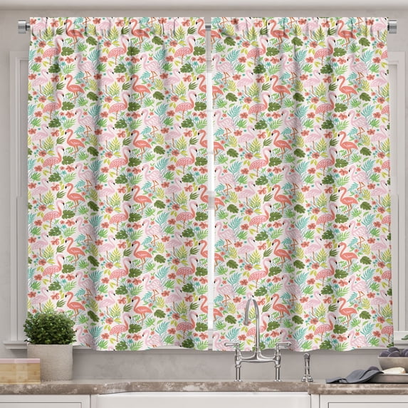 Ambesonne Flamingo Kitchen Curtains, Tropic Birds Exotic Garden, 55"x39", Multicolor