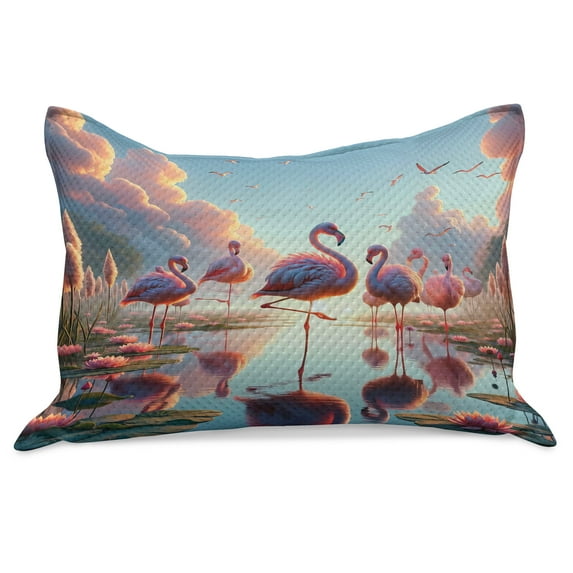 Ambesonne Flamingo Knitted Quilt Pillowcover, Blush Atmosphere Birds, 30"x20", Pale Pink Soft Blue