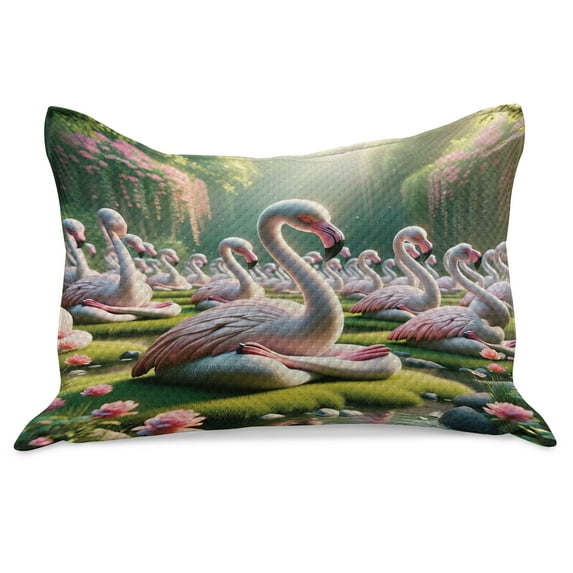 Ambesonne Flamingo Knitted Quilt Pillowcover, Serene Birds Nature Scene, 30"x20", Soft Pink and Lime Green