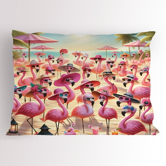 Ambesonne Flamingo Pillow Sham, Tropical Birds Funny Beach, 36" X 20", Pink Beige and Pale Sky Blue