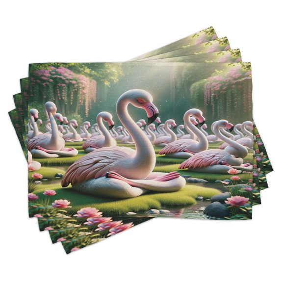 Ambesonne Flamingo Place Mats Set of 4, Serene Birds Nature Scene, Standard Size, Soft Pink and Lime Green