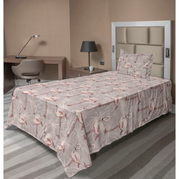 Ambesonne Flamingo Print Fitted & Flat Sheet with Sham 3 Pcs Set, Soft Palms and Birds, Twin XL, Blush Dust Warm Taupe