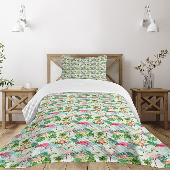 Ambesonne Flamingo Quilted Bedspread Set 2 Pcs, Fresh Exotic Jungle, Twin Size, Multicolor