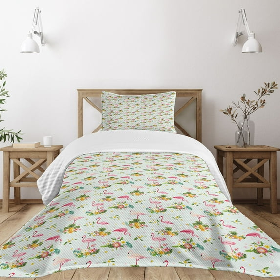 Ambesonne Flamingo Quilted Bedspread Set 2 Pcs, Fresh Flora Pineapples, Twin Size, Multicolor