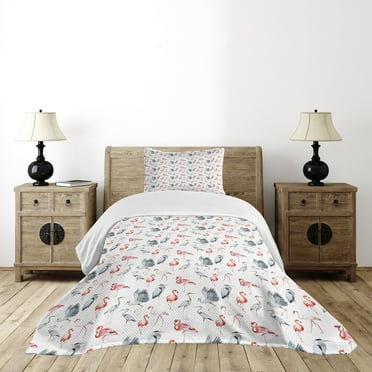 Ambesonne Flamingo Quilted Bedspread Set 2 Pcs, Heron Birds Watercolor, Twin Size, Grey Vermilion White