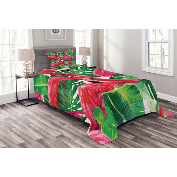 Ambesonne Flamingo Quilted Bedspread Set 2 Pcs, Retro Exotic Leaves, Twin Size, Pink Green