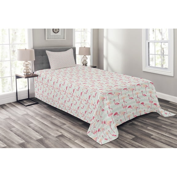 Ambesonne Flamingo Quilted Bedspread Set 2 Pcs, Striped Pastel Jungle, Twin Size, Mint Green Coral Peach