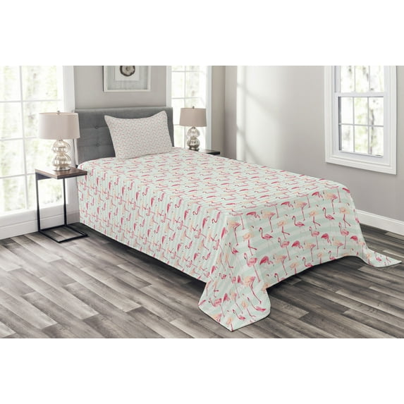 Ambesonne Flamingo Quilted Bedspread Set 2 Pcs, Striped Pastel Jungle, Twin Size, Mint Green Coral Peach