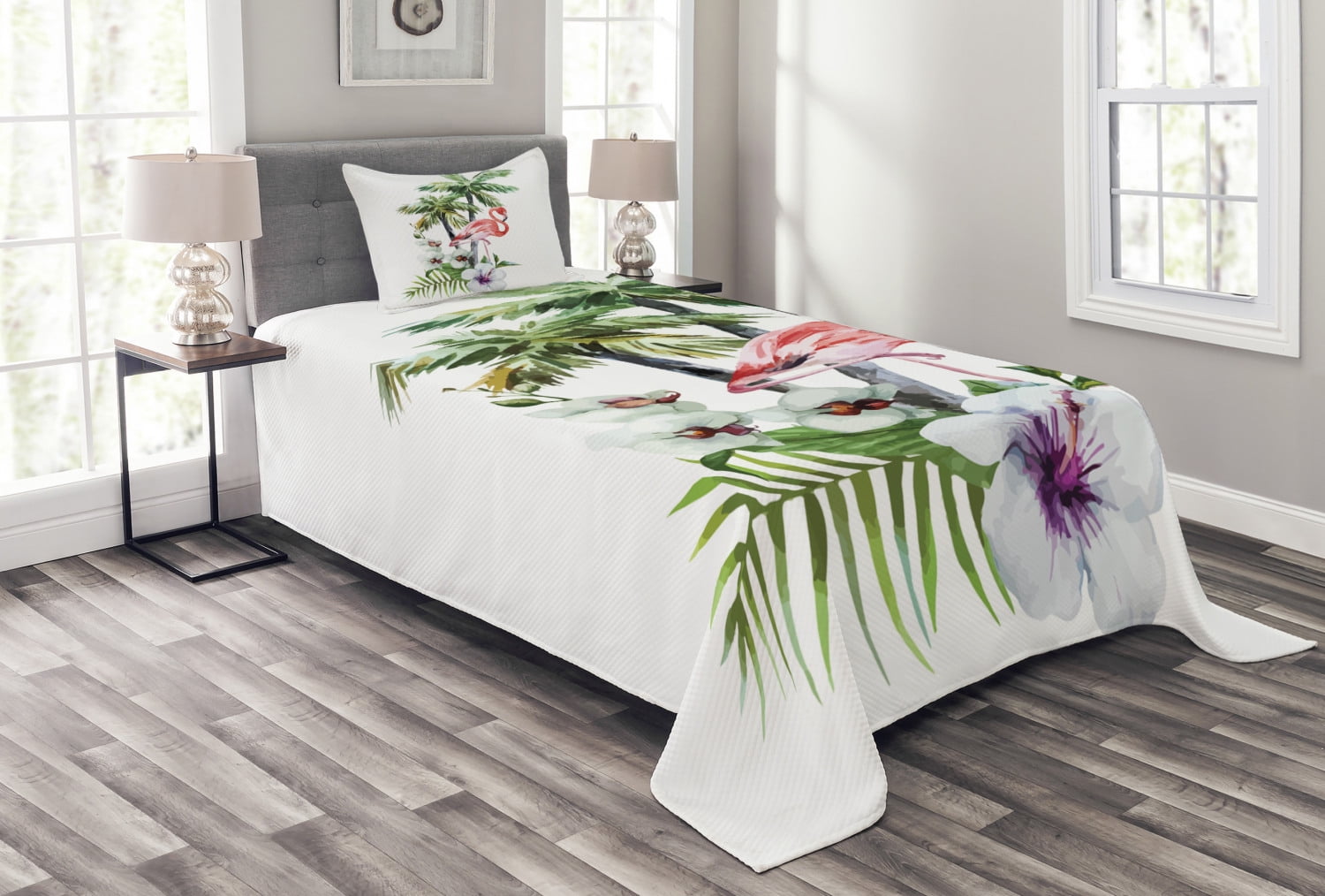 White Twin Flamingo Quilted Bedspread Set with Pillow Sham