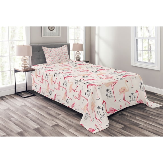 Ambesonne Flamingo Quilted Bedspread Set 2 Pcs, Wild Bird Love Vintage, Twin Size, Beige Pink
