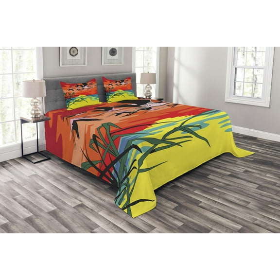 Ambesonne Flamingo Quilted Bedspread Set 3 Pcs, Birds in the Air Art, Queen Size, Multicolor