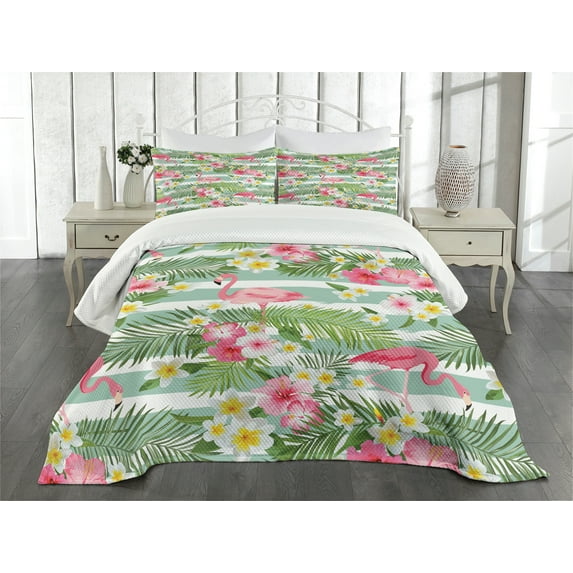 Ambesonne Flamingo Quilted Bedspread Set 3 Pcs, Exotic Hawaiian Leaf, Queen Size, Green Pink White
