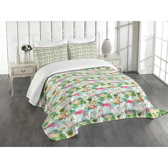Ambesonne Flamingo Quilted Bedspread Set 3 Pcs, Fresh Exotic Jungle, King Size, Multicolor