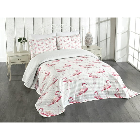 Ambesonne Flamingo Quilted Bedspread Set 3 Pcs, Geometric, King Size, Pink Peach White