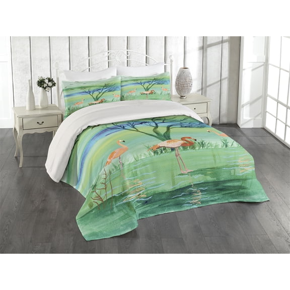 Ambesonne Flamingo Quilted Coverlet 3 Pcs, Nature and Birds, King Size, Multicolor