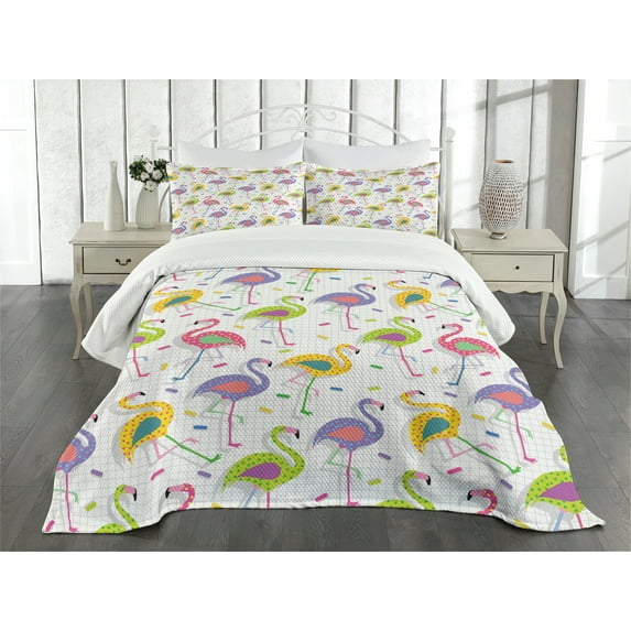 Ambesonne Flamingo Quilted Bedspread Set 3 Pcs, Retro Colorful Pattern, Queen Size, Multicolor