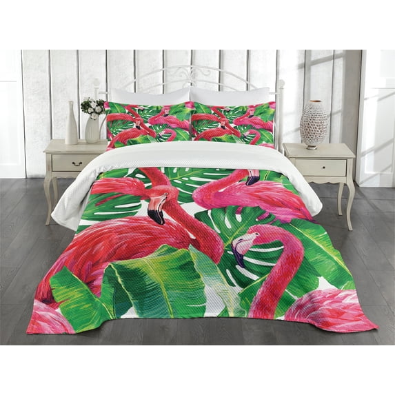 Ambesonne Flamingo Quilted Bedspread Set 3 Pcs, Retro Exotic Leaves, Queen Size, Pink Green