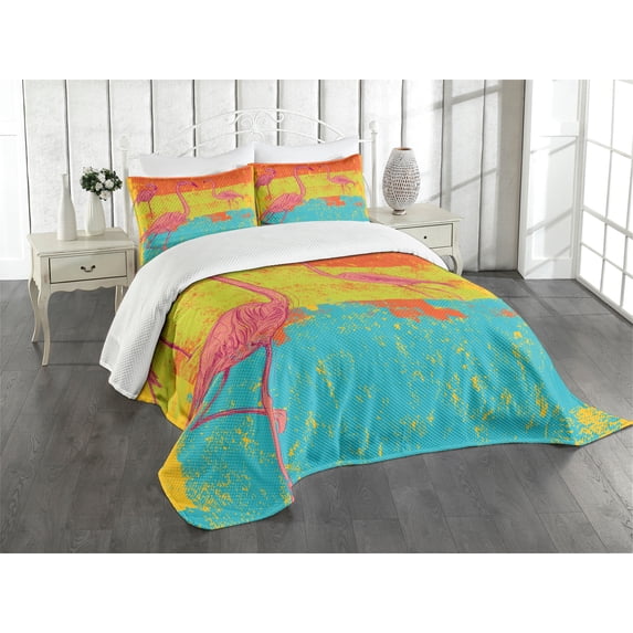 Ambesonne Flamingo Quilted Bedspread Set 3 Pcs, Retro Vintage Flamingo, King Size, Multicolor