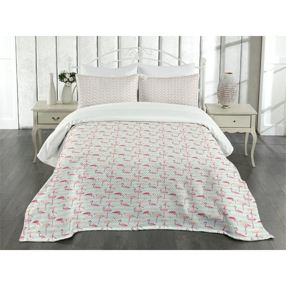 Ambesonne Flamingo Quilted Bedspread Set 3 Pcs, Striped Pastel Jungle, King Size, Mint Green Coral Peach
