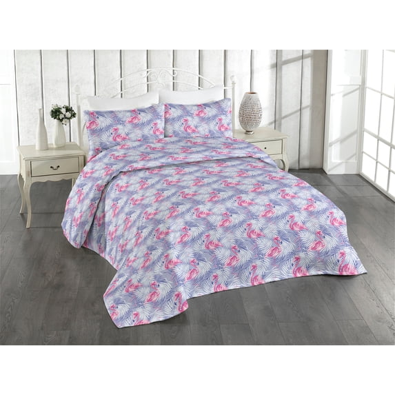 Ambesonne Flamingo Quilted Bedspread Set 3 Pcs, Tropical Palm Tree Leaves, Queen, Pale Pink and Lavender