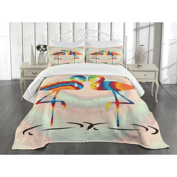 Ambesonne Flamingo Quilted Bedspread Set 3 Pcs, Valentines Funky Birds, King Size, Multicolor
