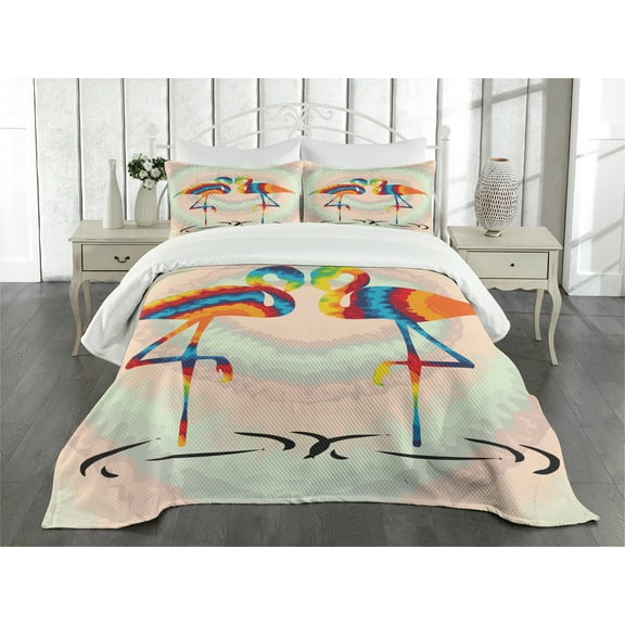 Ambesonne Flamingo Quilted Bedspread Set 3 Pcs, Valentines Funky Birds, Queen Size, Multicolor