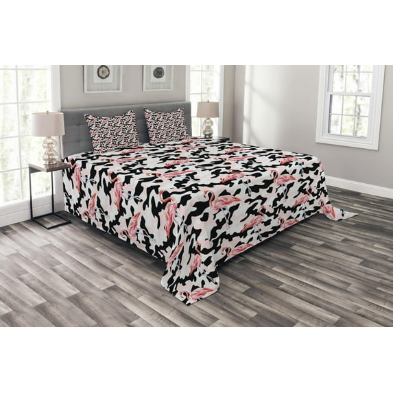 Ambesonne Flamingo Quilted Bedspread Set 3 Pcs, Watercolor Nature Camo, King Size, Dark Coral Pale Pink