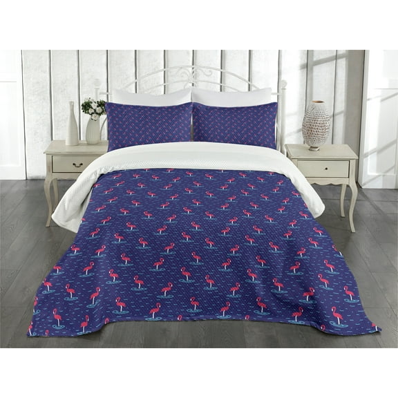Ambesonne Flamingo Quilted Bedspread Set 3 Pcs, Wavy Lake Birds, King Size, Violet Blue Dark Coral