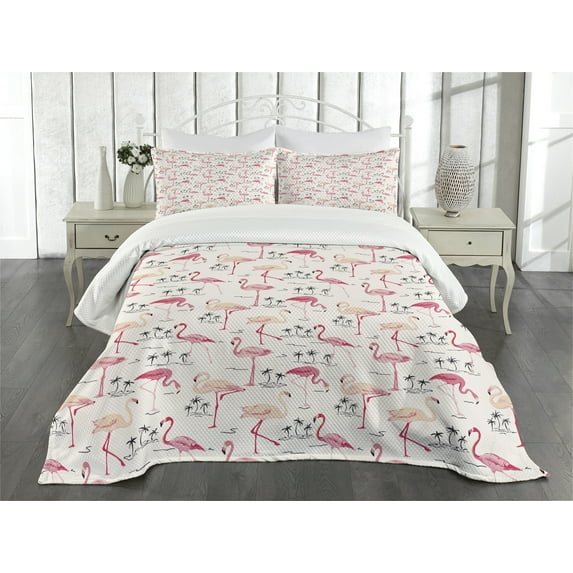 Ambesonne Flamingo Quilted Bedspread Set 3 Pcs, Wild Bird Love Vintage, Queen Size, Beige Pink