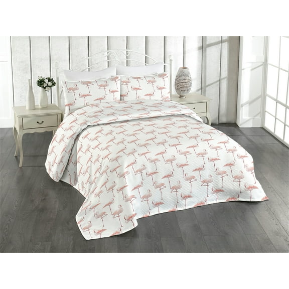 Ambesonne Flamingo Quilted Bedspread Set 3 Pcs, Wild Nature Exotic Bird, King, Redwood Pearl Coral