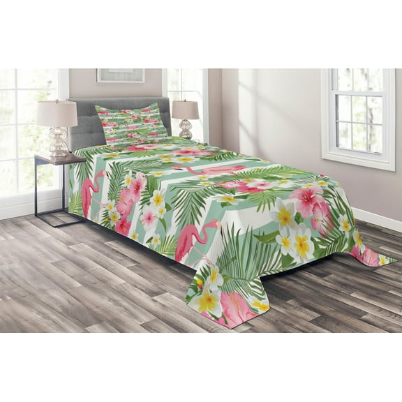 Ambesonne Flamingo Quilted Coverlet 2 Pcs, Exotic Hawaiian Leaf, Twin Size, Green Pink White
