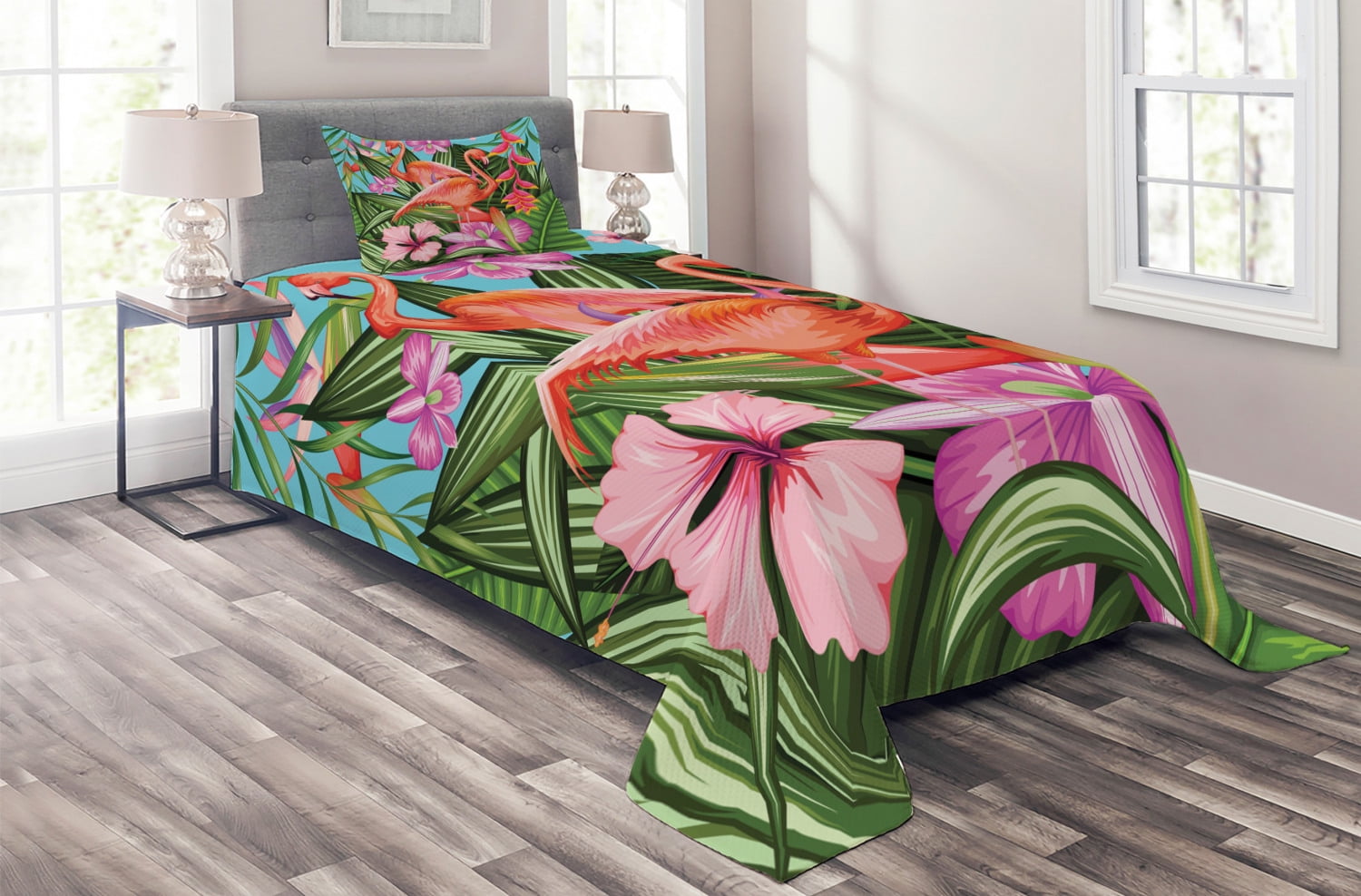 Tropical Flamingo Green Polyester Twin Bedspread Set