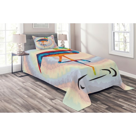 Ambesonne Flamingo Quilted Coverlet 2 Pcs, Rainbow Colored Birds, Twin Size, Multicolor