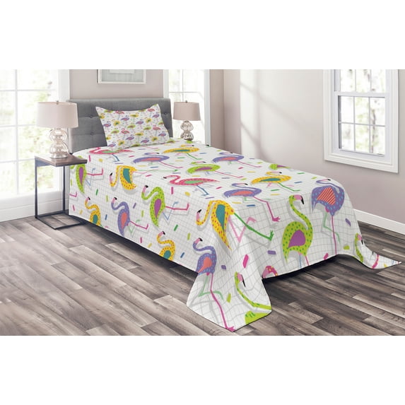 Ambesonne Flamingo Quilted Coverlet 2 Pcs, Retro Colorful Pattern, Twin Size, Multicolor
