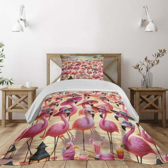 Ambesonne Flamingo Quilted Coverlet 2 Pcs, Tropical Birds Funny Beach, Twin Size, Pink Beige and Pale Sky Blue